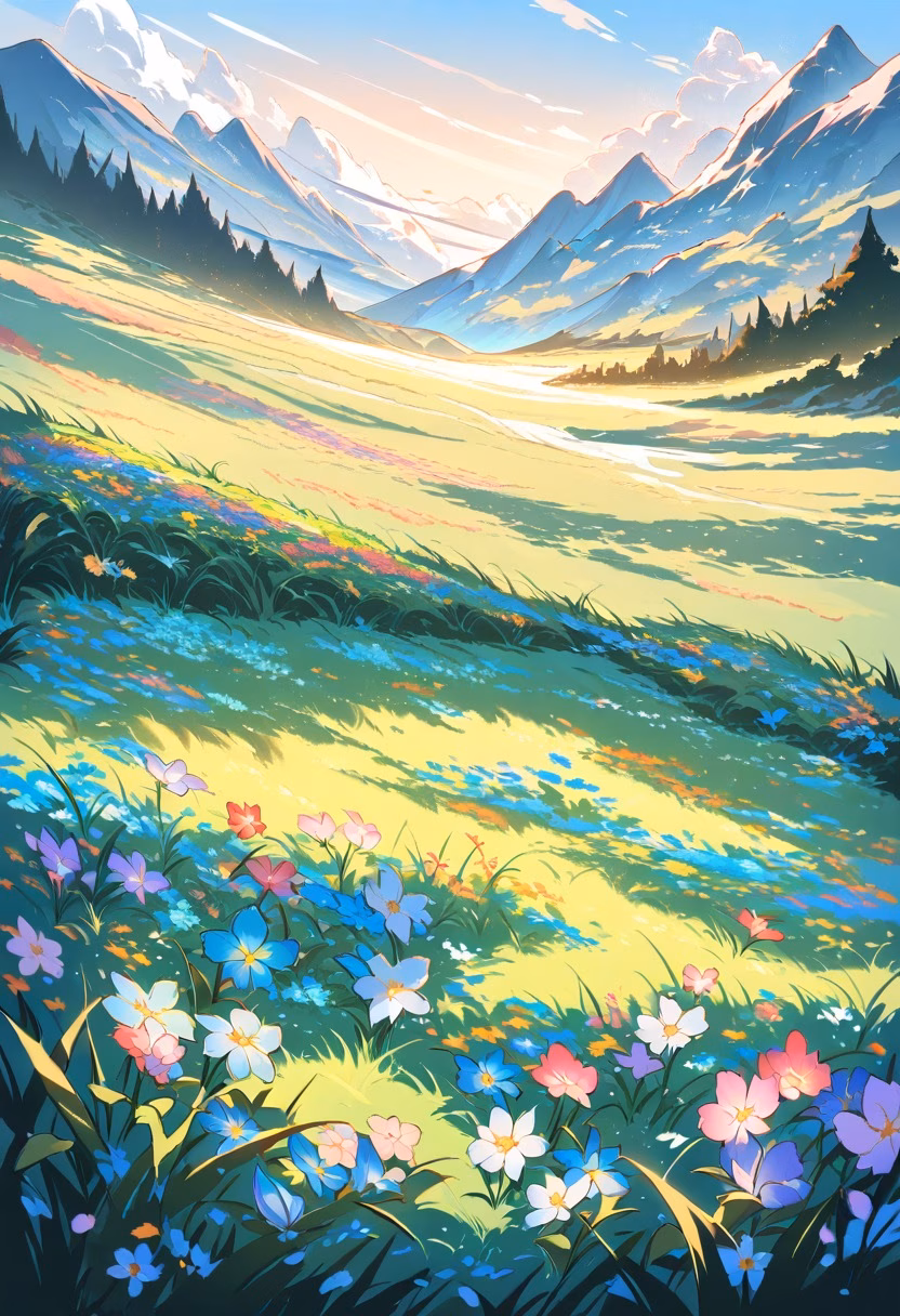 Alpine Meadow At Dawn — view 5 — colorful alpine meadow, blanketed with wildflowers below jagged peaks, light spring frost melting on grass, soft dawn li