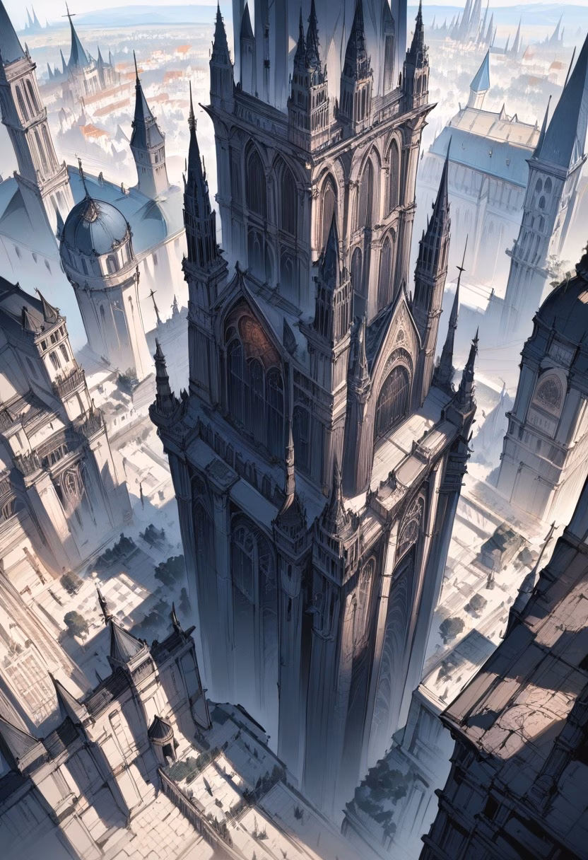 Gothic Cathedral Spires — view 1 — towering gothic cathedral, rising above a medieval european square, flocks of pigeons circling nearby spires, bright day