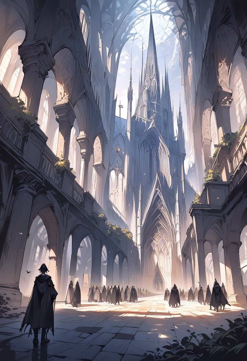 Gothic Cathedral Spires — view 2 — towering gothic cathedral, rising above a medieval european square, flocks of pigeons circling nearby spires, bright day