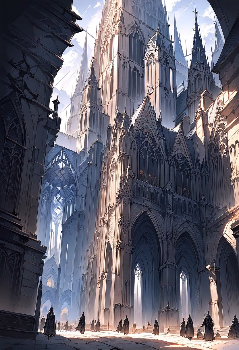 Gothic Cathedral Spires — view 3 — towering gothic cathedral, rising above a medieval european square, flocks of pigeons circling nearby spires, bright day