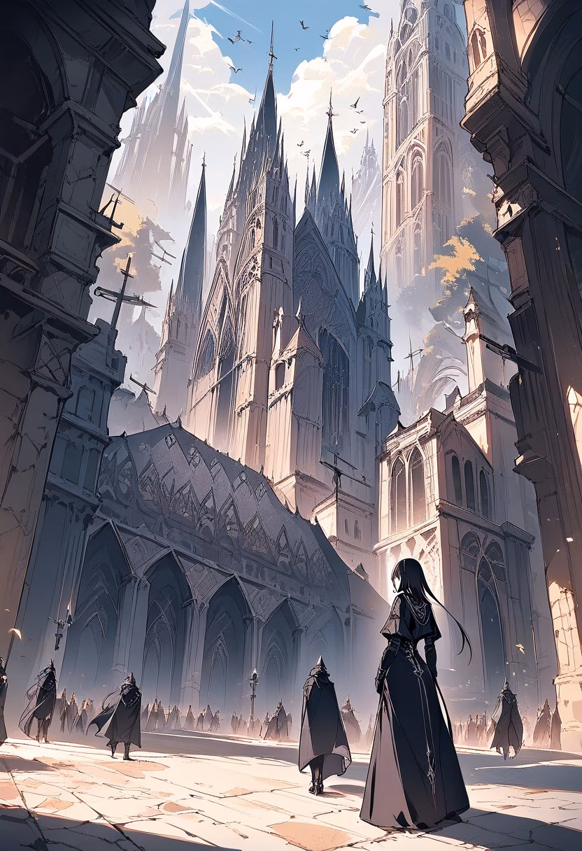 Gothic Cathedral Spires — view 4 — towering gothic cathedral, rising above a medieval european square, flocks of pigeons circling nearby spires, bright day