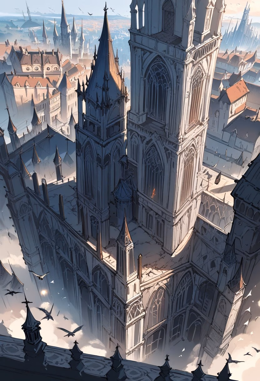 Gothic Cathedral Spires — view 5 — towering gothic cathedral, rising above a medieval european square, flocks of pigeons circling nearby spires, bright day
