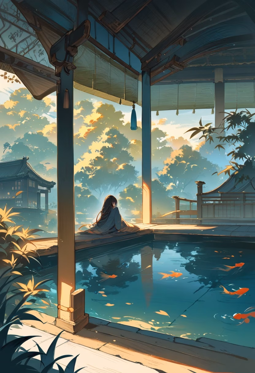 Bamboo Pavilion At Sunset — view 1 — elegant bamboo pavilion, nestled beside a tranquil koi pond, gentle warm breeze rustling leaves, golden hour light, sere