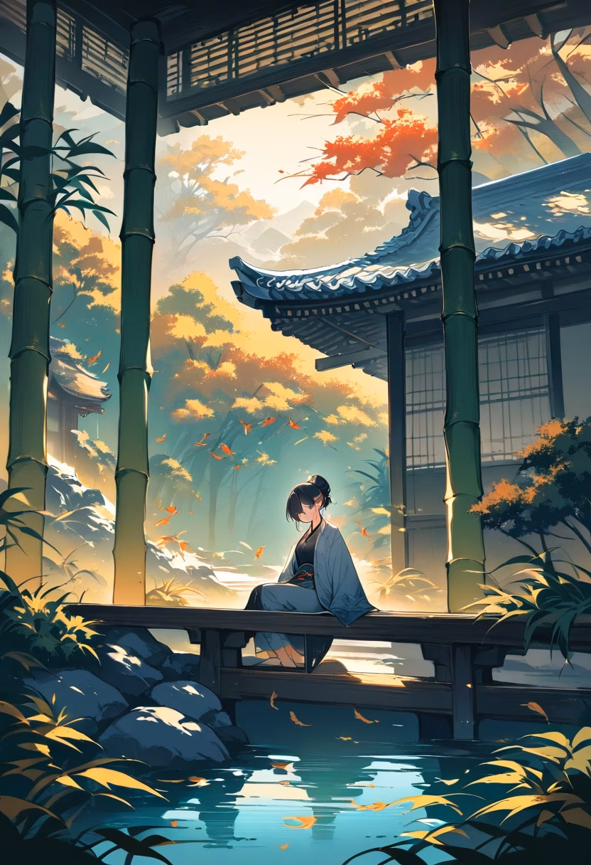 Bamboo Pavilion At Sunset — view 2 — elegant bamboo pavilion, nestled beside a tranquil koi pond, gentle warm breeze rustling leaves, golden hour light, sere