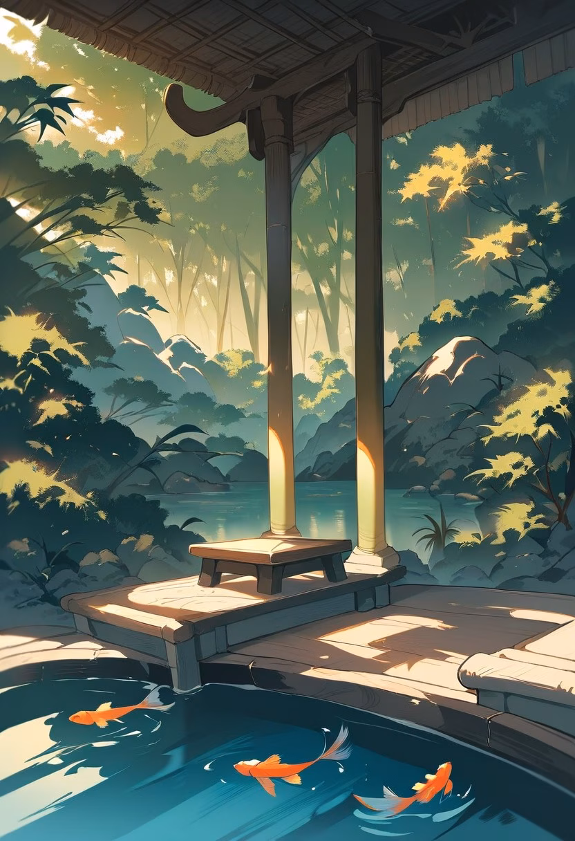 Bamboo Pavilion At Sunset — view 3 — elegant bamboo pavilion, nestled beside a tranquil koi pond, gentle warm breeze rustling leaves, golden hour light, sere