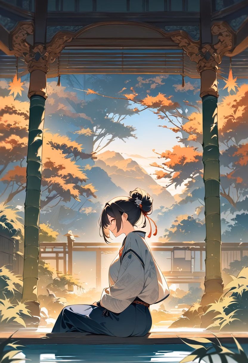 Bamboo Pavilion At Sunset — view 4 — elegant bamboo pavilion, nestled beside a tranquil koi pond, gentle warm breeze rustling leaves, golden hour light, sere
