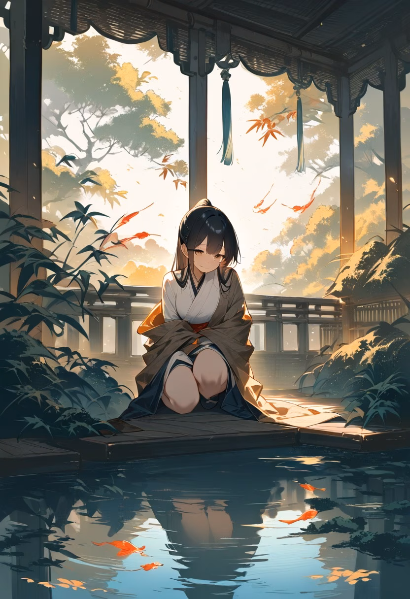 Bamboo Pavilion At Sunset — view 5 — elegant bamboo pavilion, nestled beside a tranquil koi pond, gentle warm breeze rustling leaves, golden hour light, sere