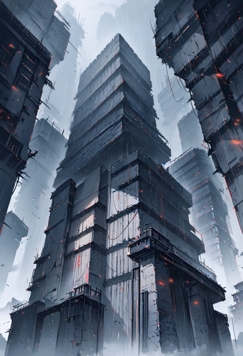 Brutalist Tower At Dusk — view 3 — imposing brutalist tower, dominating a foggy overcast skyline, thick concrete blocks weathered by rain, dusky grey light