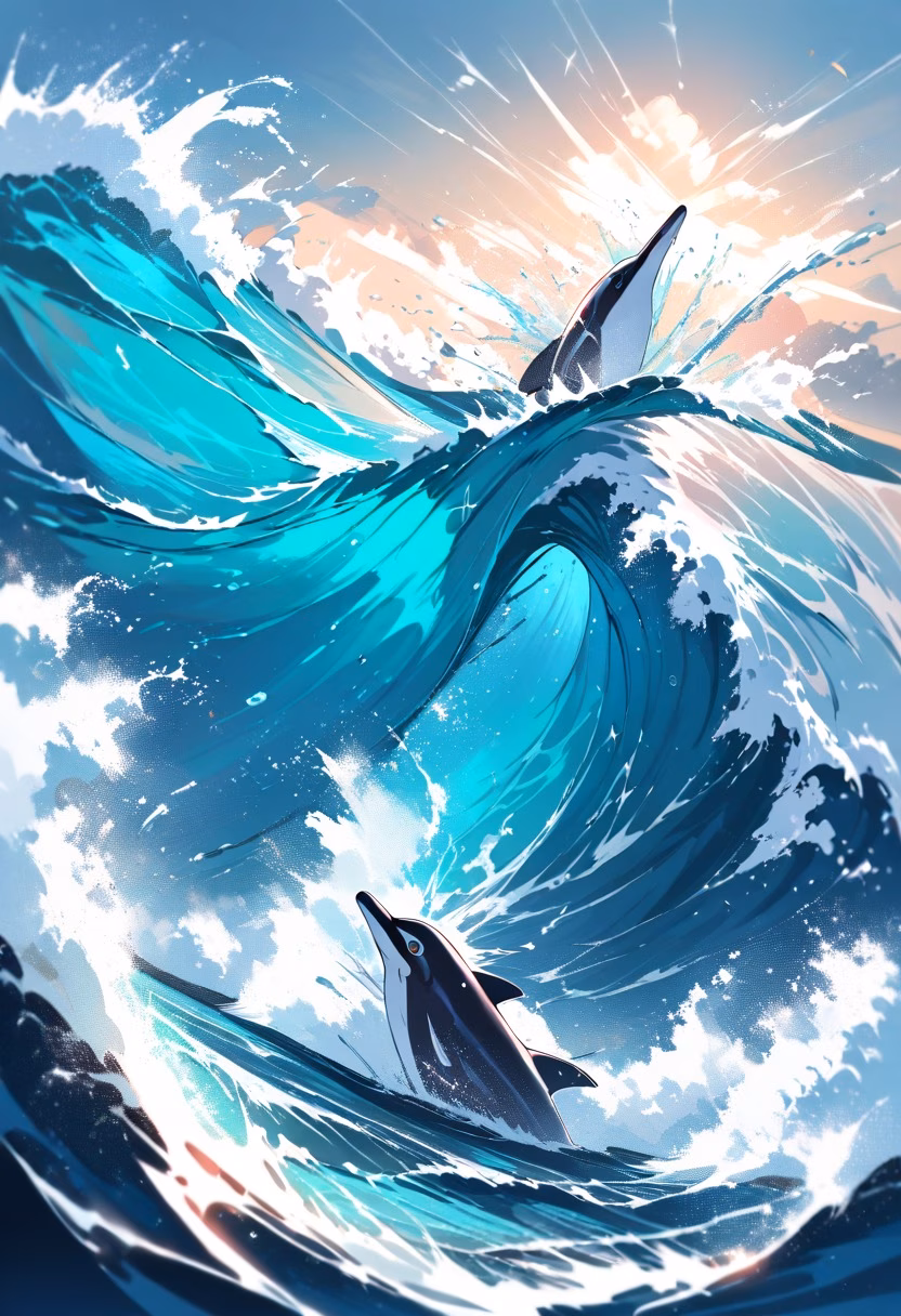 Leaping Dolphin Pod — view 1 — dolphin pod, leaping over waves, ocean spray, sunny day, playful, marine life, dynamic motion, detailed water splash, ma