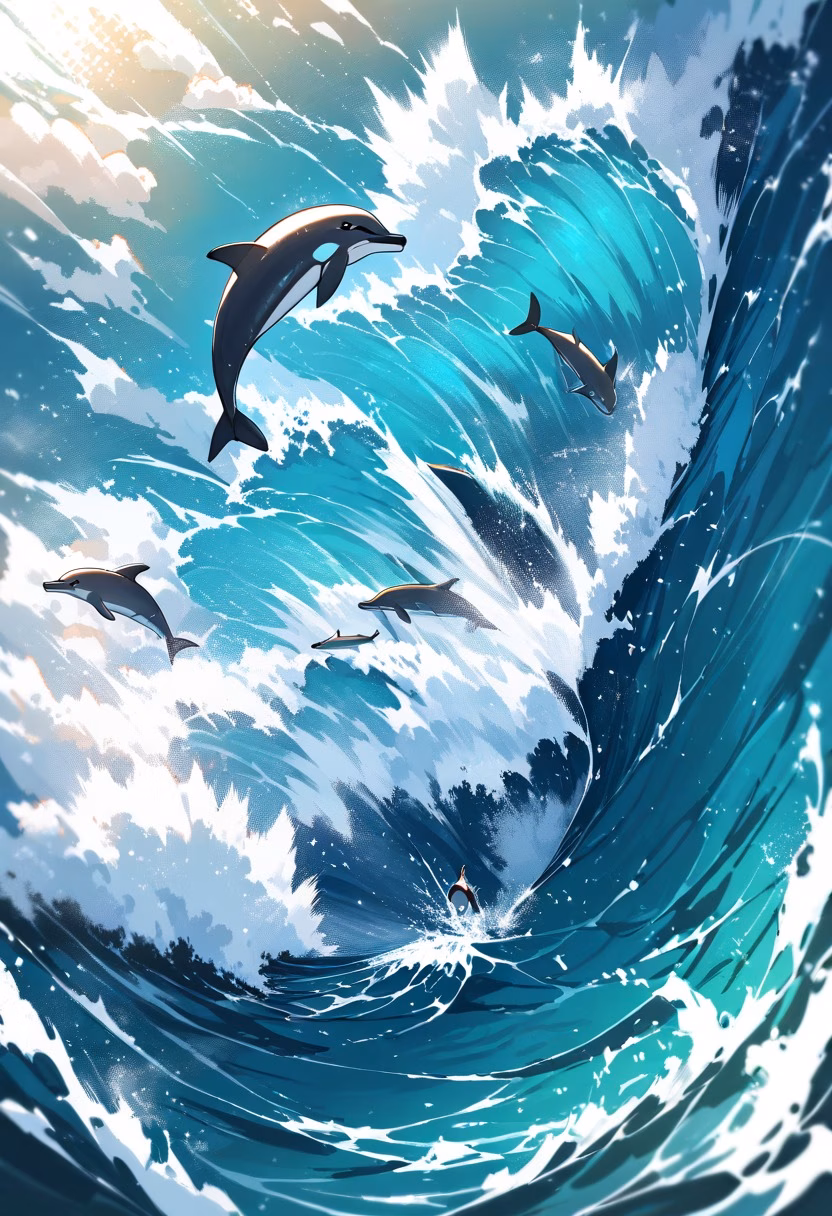 Leaping Dolphin Pod — view 2 — dolphin pod, leaping over waves, ocean spray, sunny day, playful, marine life, dynamic motion, detailed water splash, ma
