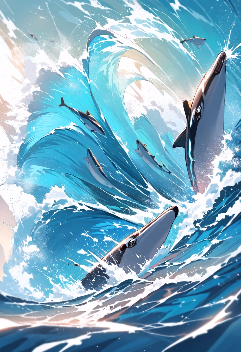 Leaping Dolphin Pod — view 3 — dolphin pod, leaping over waves, ocean spray, sunny day, playful, marine life, dynamic motion, detailed water splash, ma