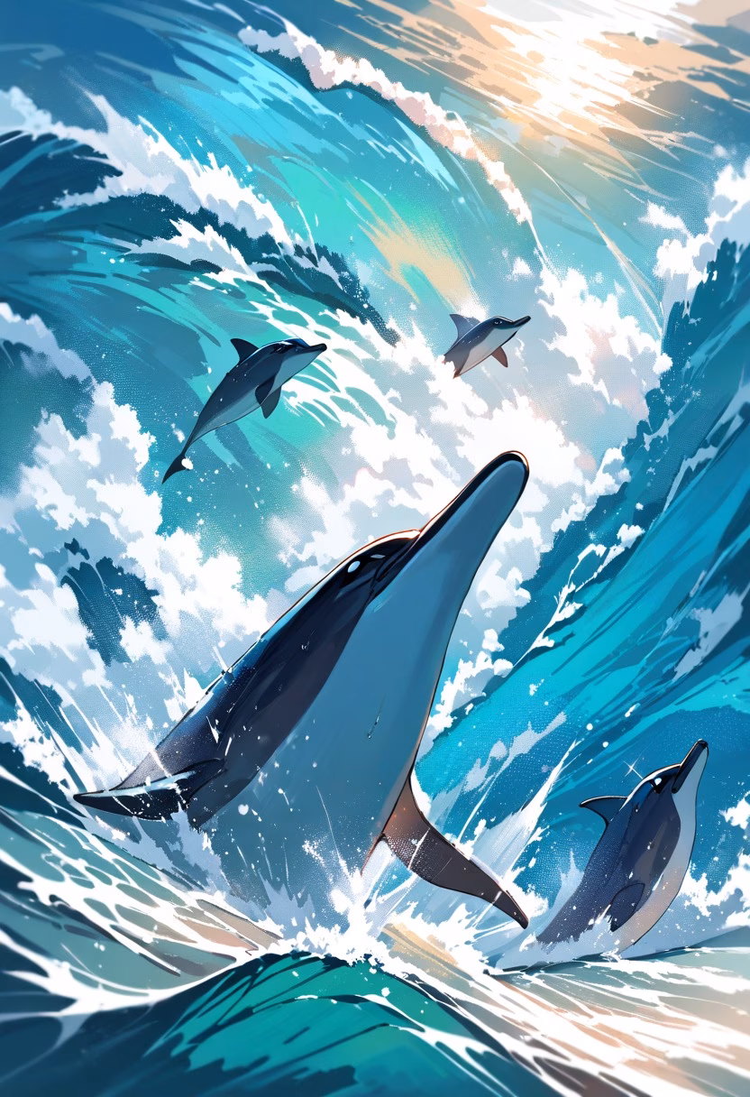 Leaping Dolphin Pod — view 4 — dolphin pod, leaping over waves, ocean spray, sunny day, playful, marine life, dynamic motion, detailed water splash, ma