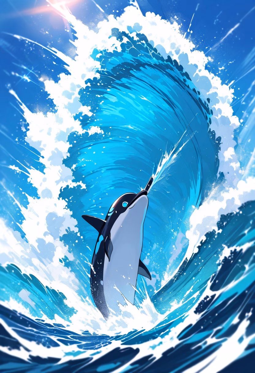 Leaping Dolphin Pod — view 5 — dolphin pod, leaping over waves, ocean spray, sunny day, playful, marine life, dynamic motion, detailed water splash, ma