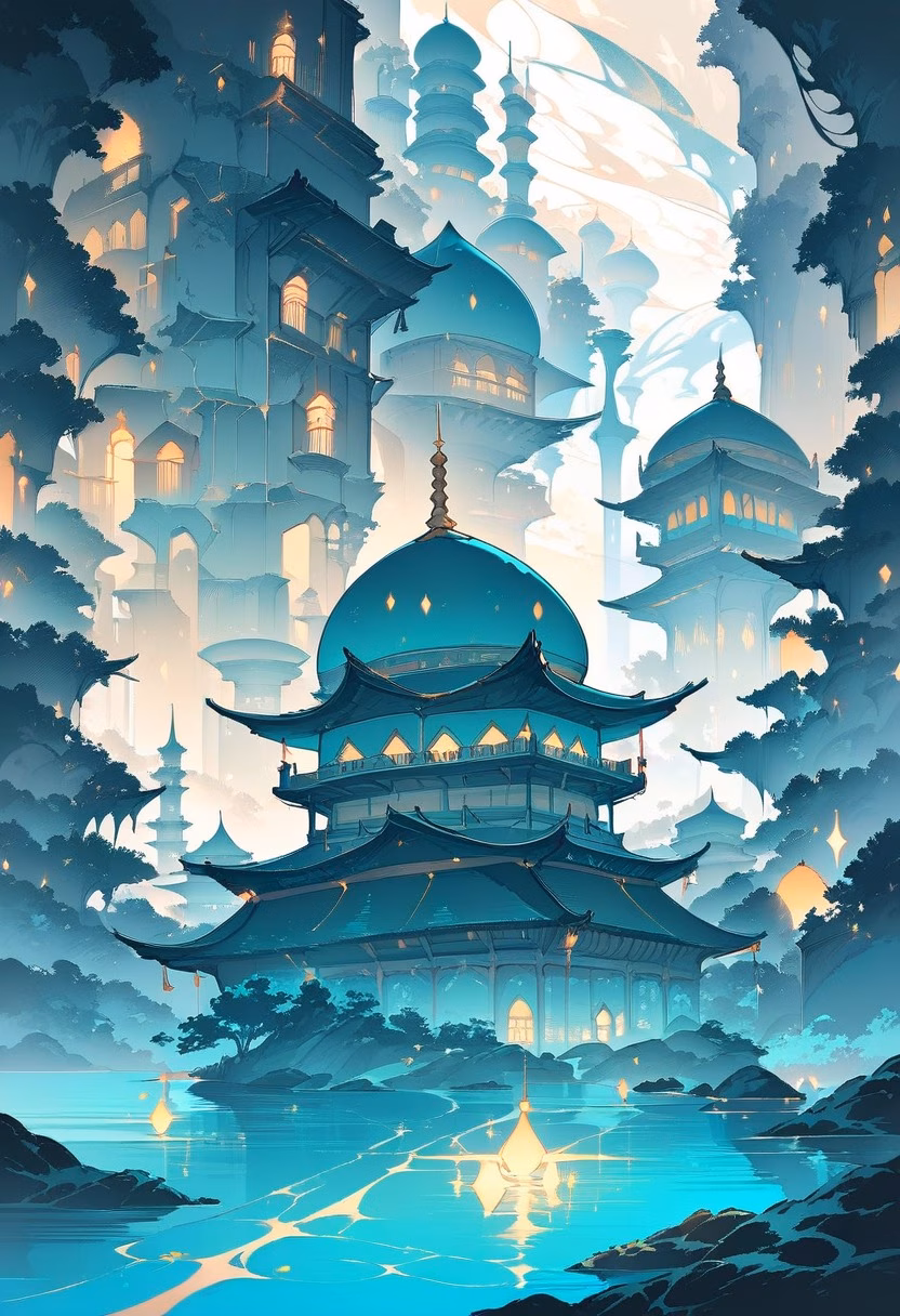 Floating Mosque At Night — view 1 — graceful floating mosque, illuminated above a calm coastal lagoon, faint waves lapping against its base, soft night ligh