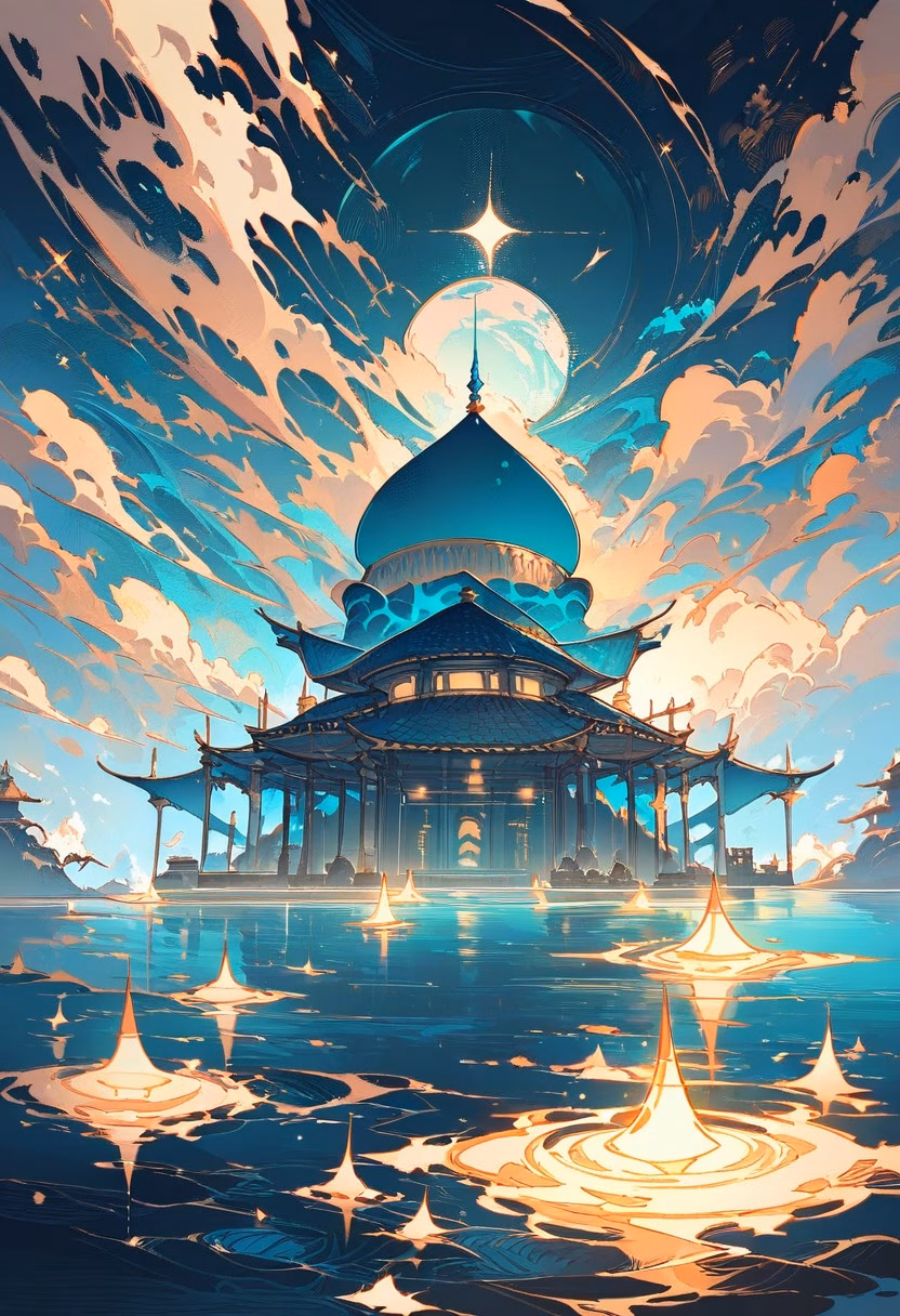 Floating Mosque At Night — view 2 — graceful floating mosque, illuminated above a calm coastal lagoon, faint waves lapping against its base, soft night ligh