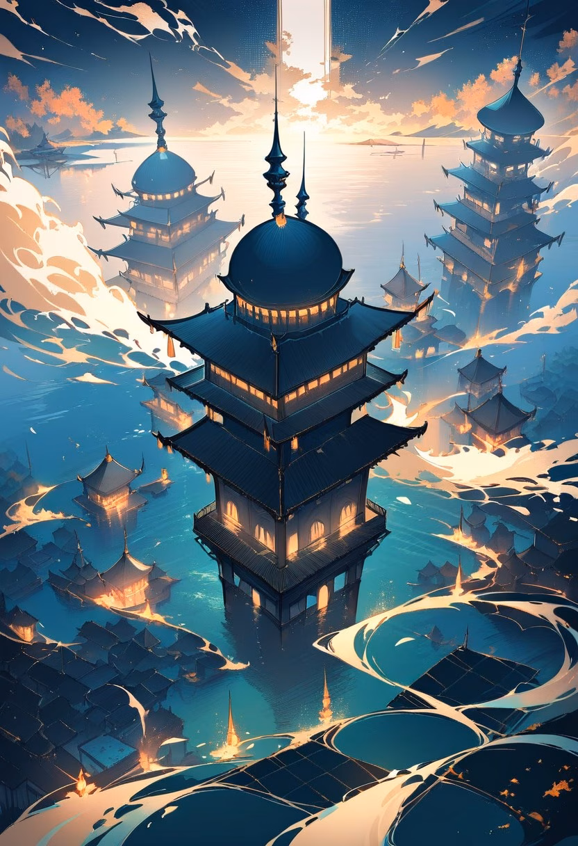 Floating Mosque At Night — view 4 — graceful floating mosque, illuminated above a calm coastal lagoon, faint waves lapping against its base, soft night ligh