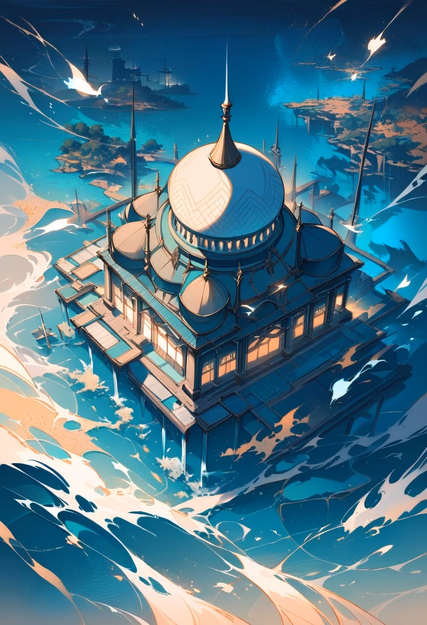 Floating Mosque At Night — view 5 — graceful floating mosque, illuminated above a calm coastal lagoon, faint waves lapping against its base, soft night ligh