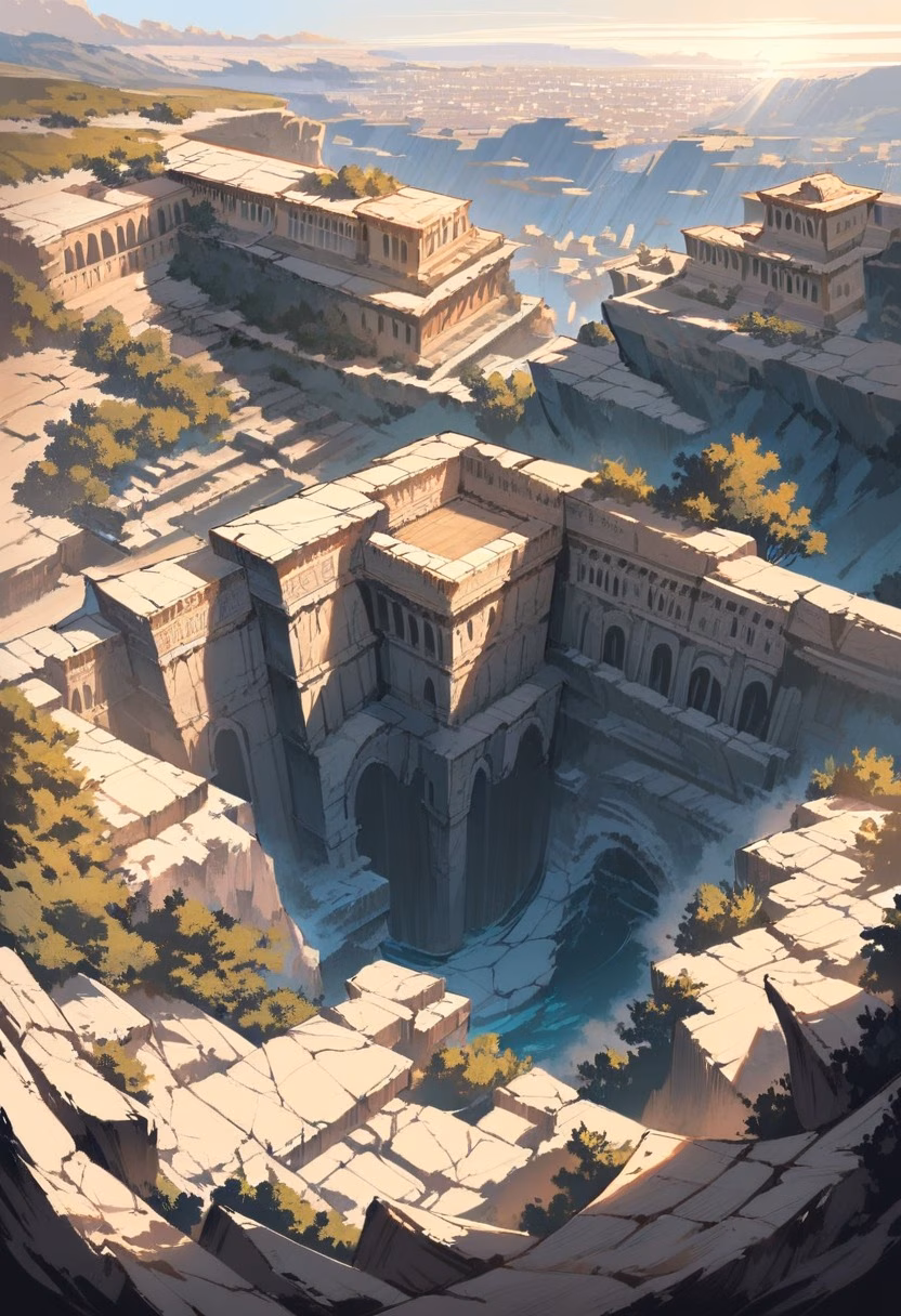 Ancient Amphitheater At Dawn — view 2 — weathered ancient amphitheater, carved into a sunlit mediterranean hillside, wild olive trees growing between stones, so