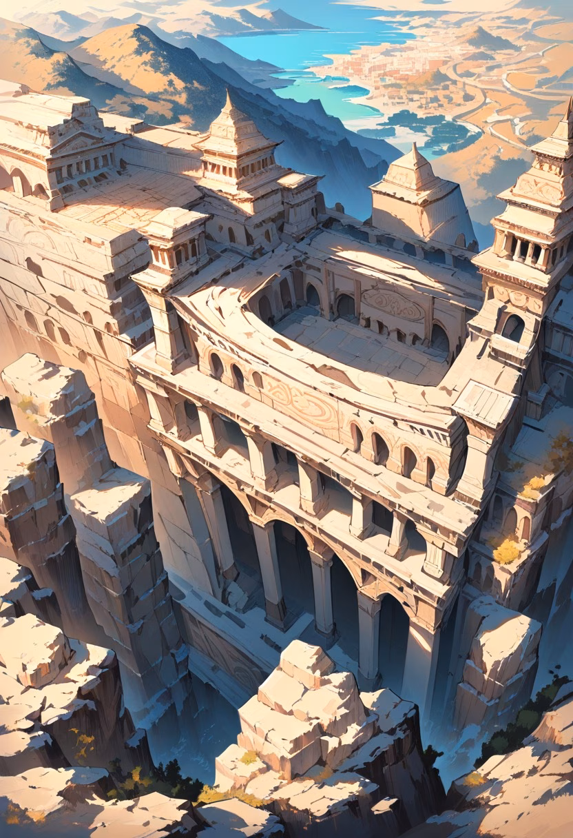 Ancient Amphitheater At Dawn — view 3 — weathered ancient amphitheater, carved into a sunlit mediterranean hillside, wild olive trees growing between stones, so