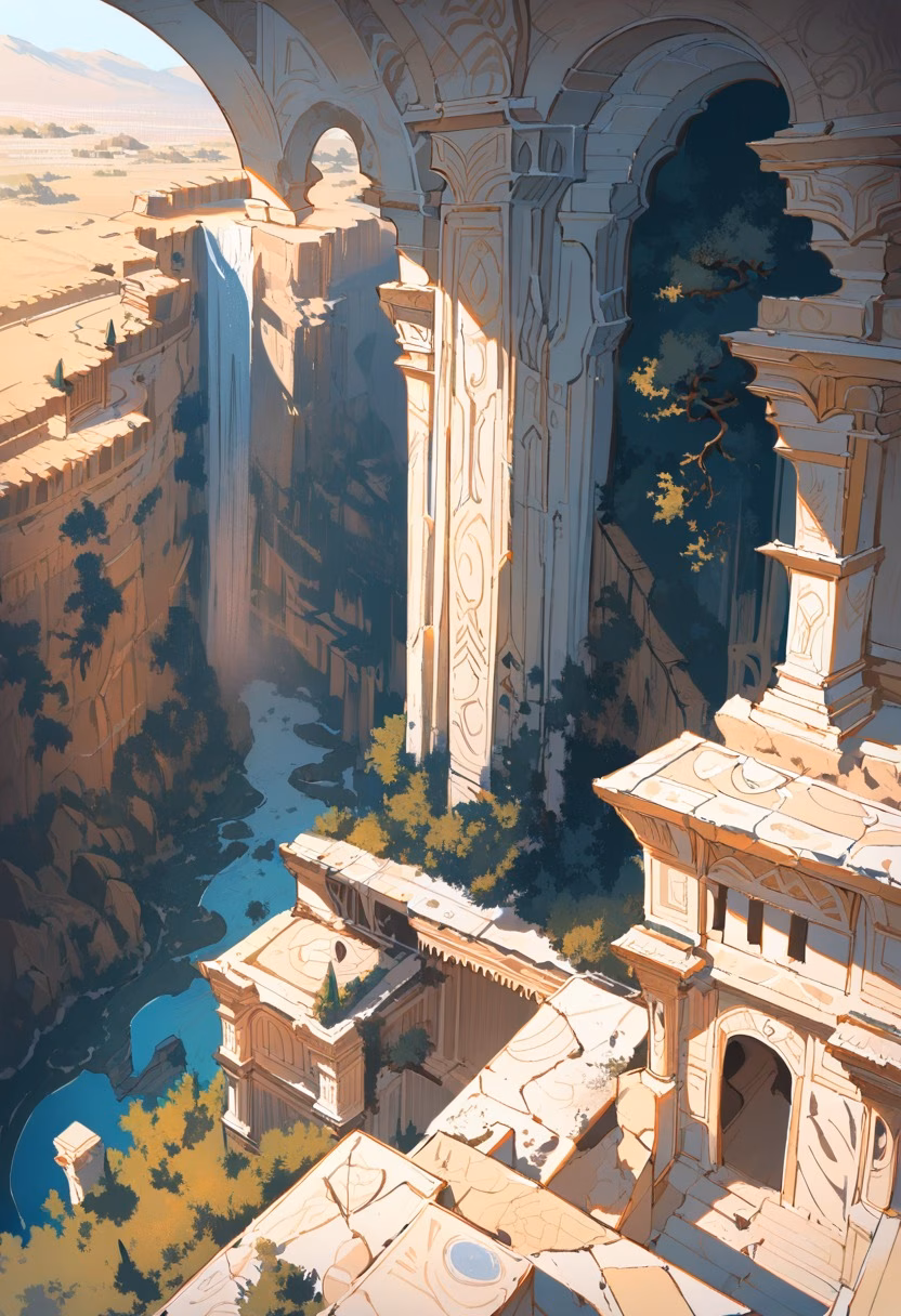 Ancient Amphitheater At Dawn — view 4 — weathered ancient amphitheater, carved into a sunlit mediterranean hillside, wild olive trees growing between stones, so