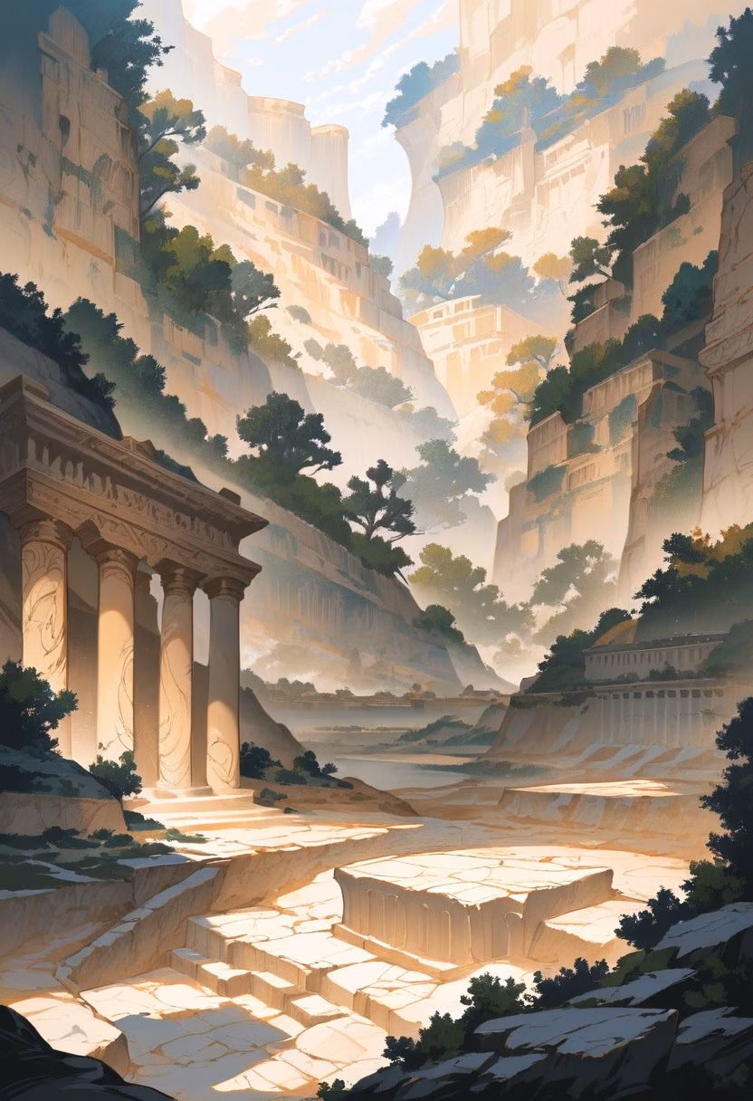 Ancient Amphitheater At Dawn — view 5 — weathered ancient amphitheater, carved into a sunlit mediterranean hillside, wild olive trees growing between stones, so