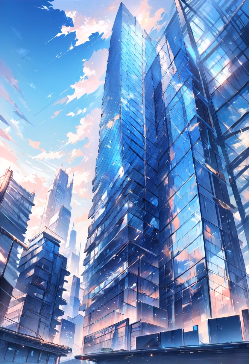 Glass Skyscraper By Day — view 1 — sleek glass skyscraper, piercing a clear blue urban sky, reflective clouds drifting across its facade, bright daylight, 