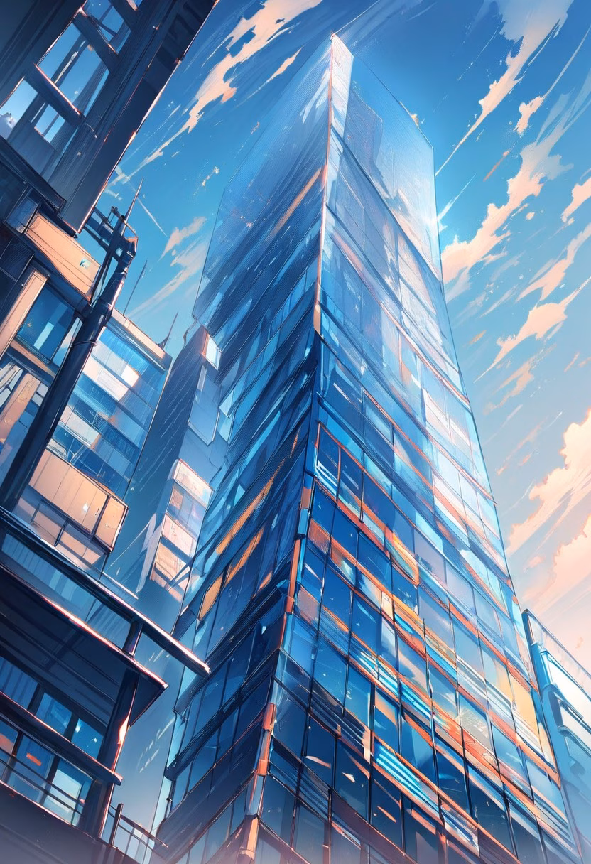 Glass Skyscraper By Day — view 2 — sleek glass skyscraper, piercing a clear blue urban sky, reflective clouds drifting across its facade, bright daylight, 
