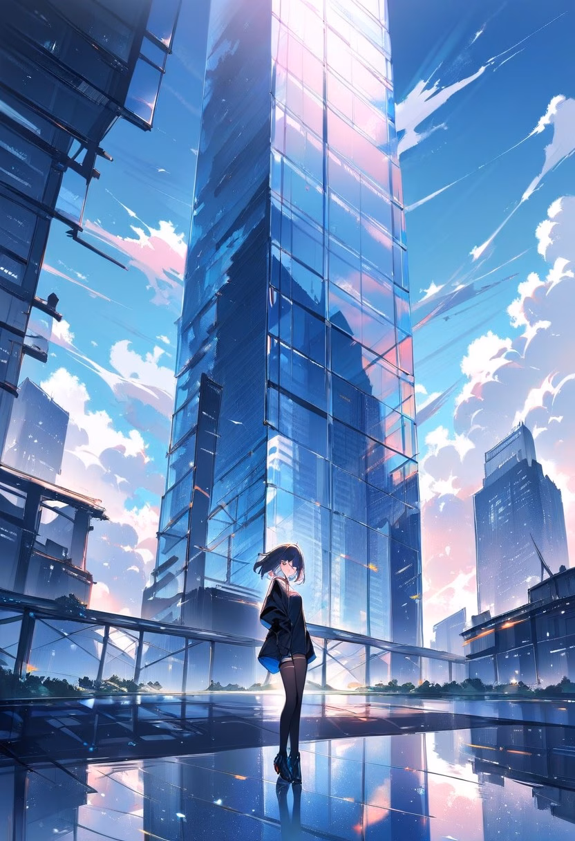 Glass Skyscraper By Day — view 3 — sleek glass skyscraper, piercing a clear blue urban sky, reflective clouds drifting across its facade, bright daylight, 