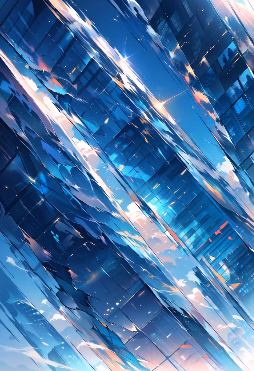 Glass Skyscraper By Day — view 4 — sleek glass skyscraper, piercing a clear blue urban sky, reflective clouds drifting across its facade, bright daylight, 