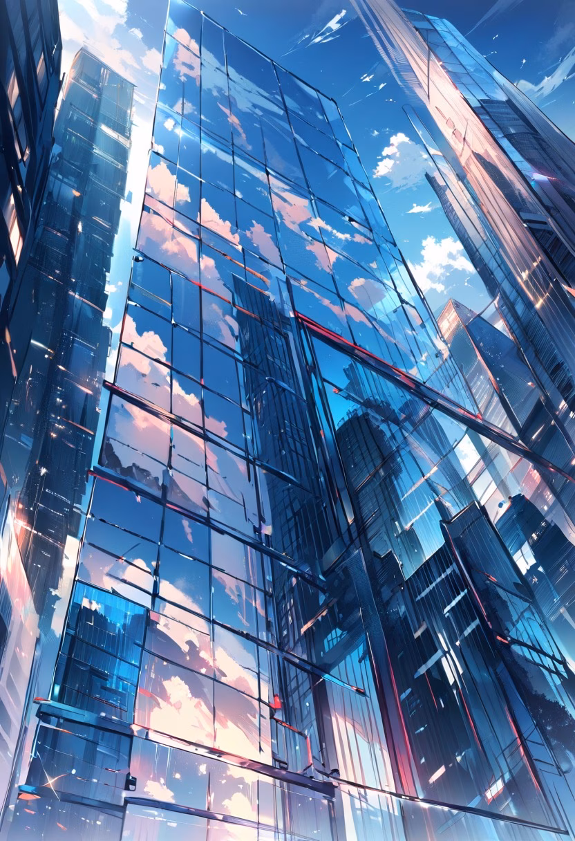 Glass Skyscraper By Day — view 5 — sleek glass skyscraper, piercing a clear blue urban sky, reflective clouds drifting across its facade, bright daylight, 