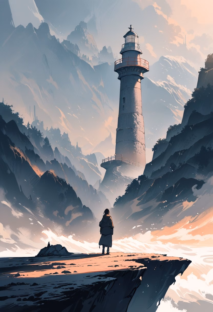 Lighthouse At Golden Hour — view 1 — sturdy stone lighthouse, standing on a rugged coastal cliff, rolling autumn fog drifting over the sea, golden hour light