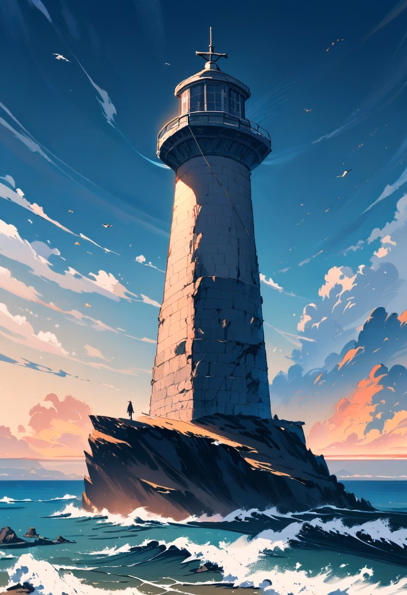 Lighthouse At Golden Hour — view 2 — sturdy stone lighthouse, standing on a rugged coastal cliff, rolling autumn fog drifting over the sea, golden hour light