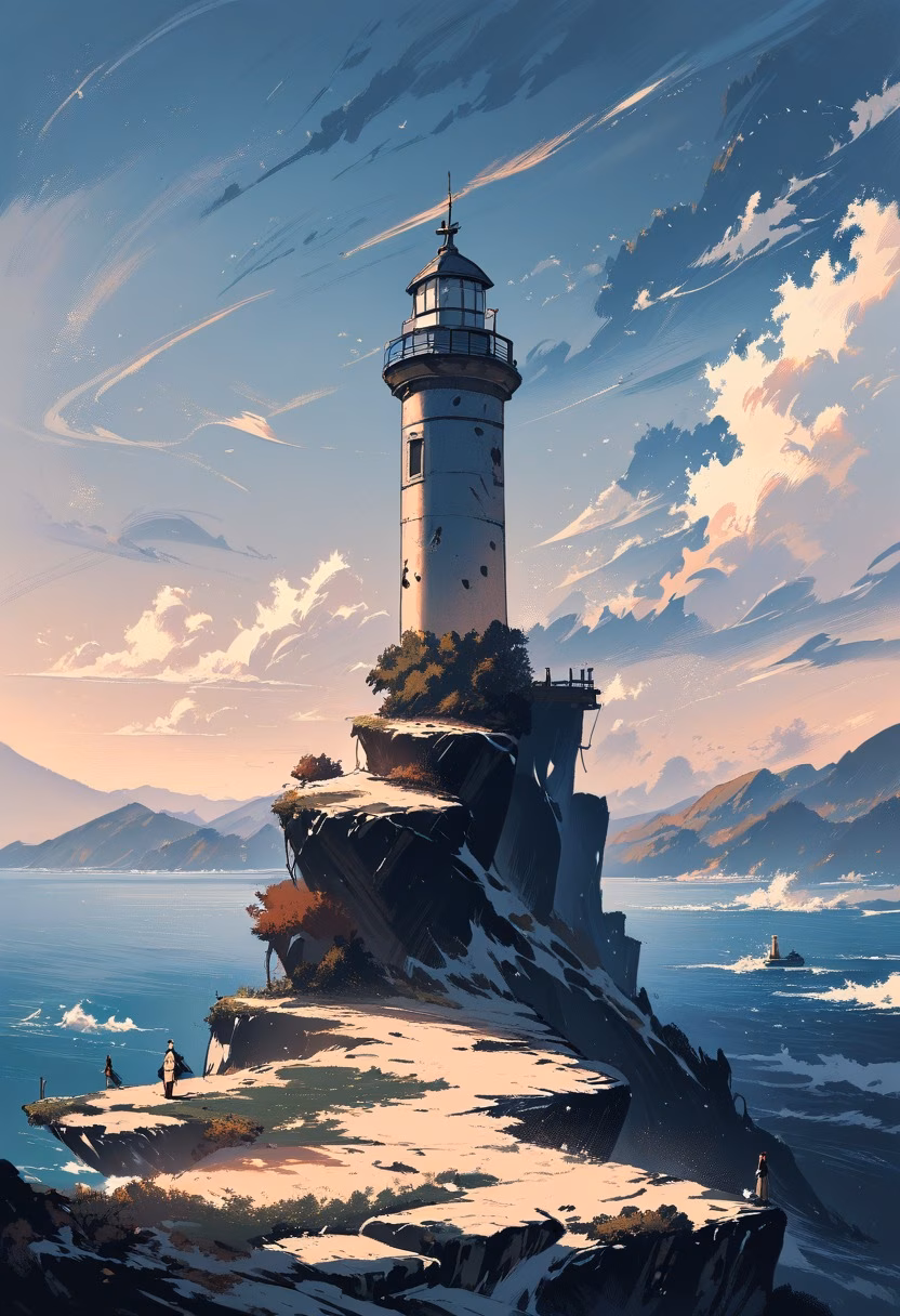 Lighthouse At Golden Hour — view 3 — sturdy stone lighthouse, standing on a rugged coastal cliff, rolling autumn fog drifting over the sea, golden hour light