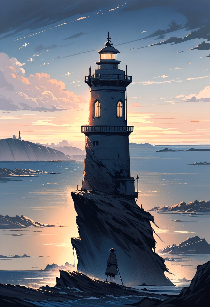 Lighthouse At Golden Hour — view 4 — sturdy stone lighthouse, standing on a rugged coastal cliff, rolling autumn fog drifting over the sea, golden hour light