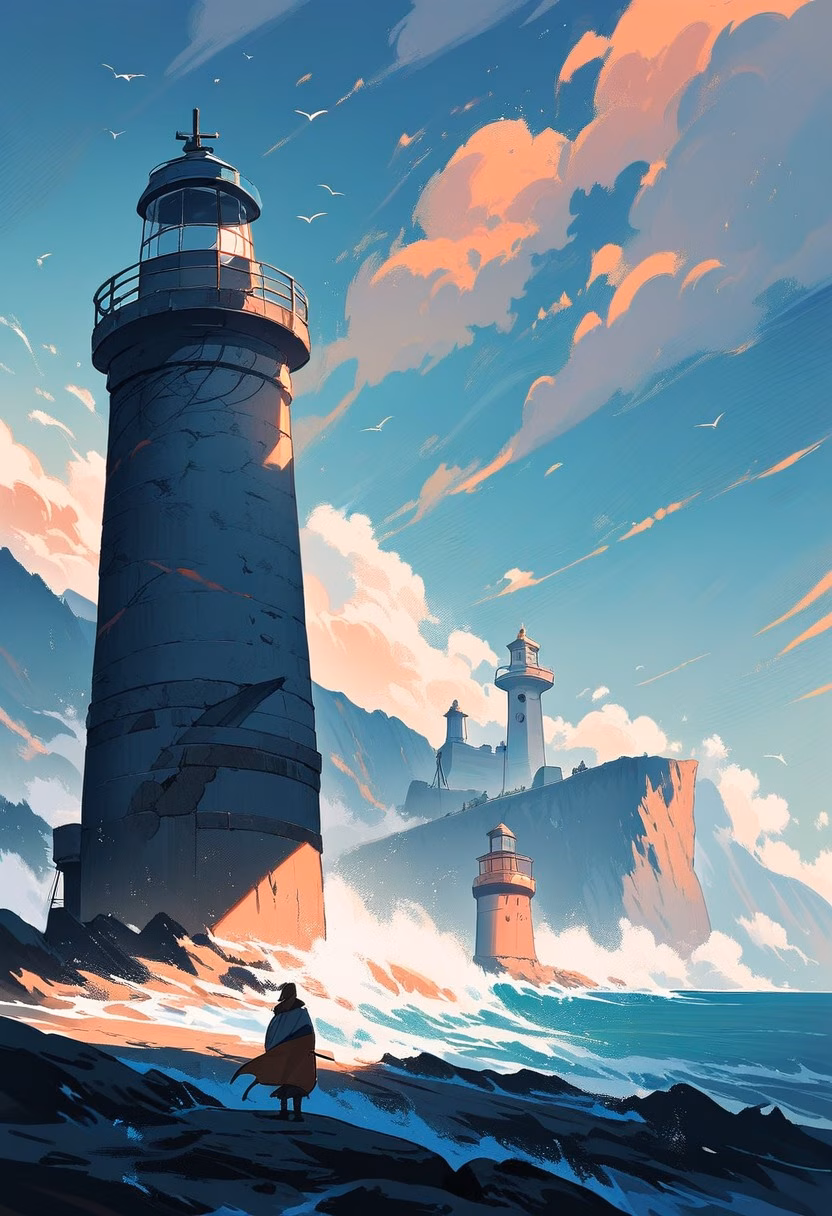 Lighthouse At Golden Hour — view 5 — sturdy stone lighthouse, standing on a rugged coastal cliff, rolling autumn fog drifting over the sea, golden hour light