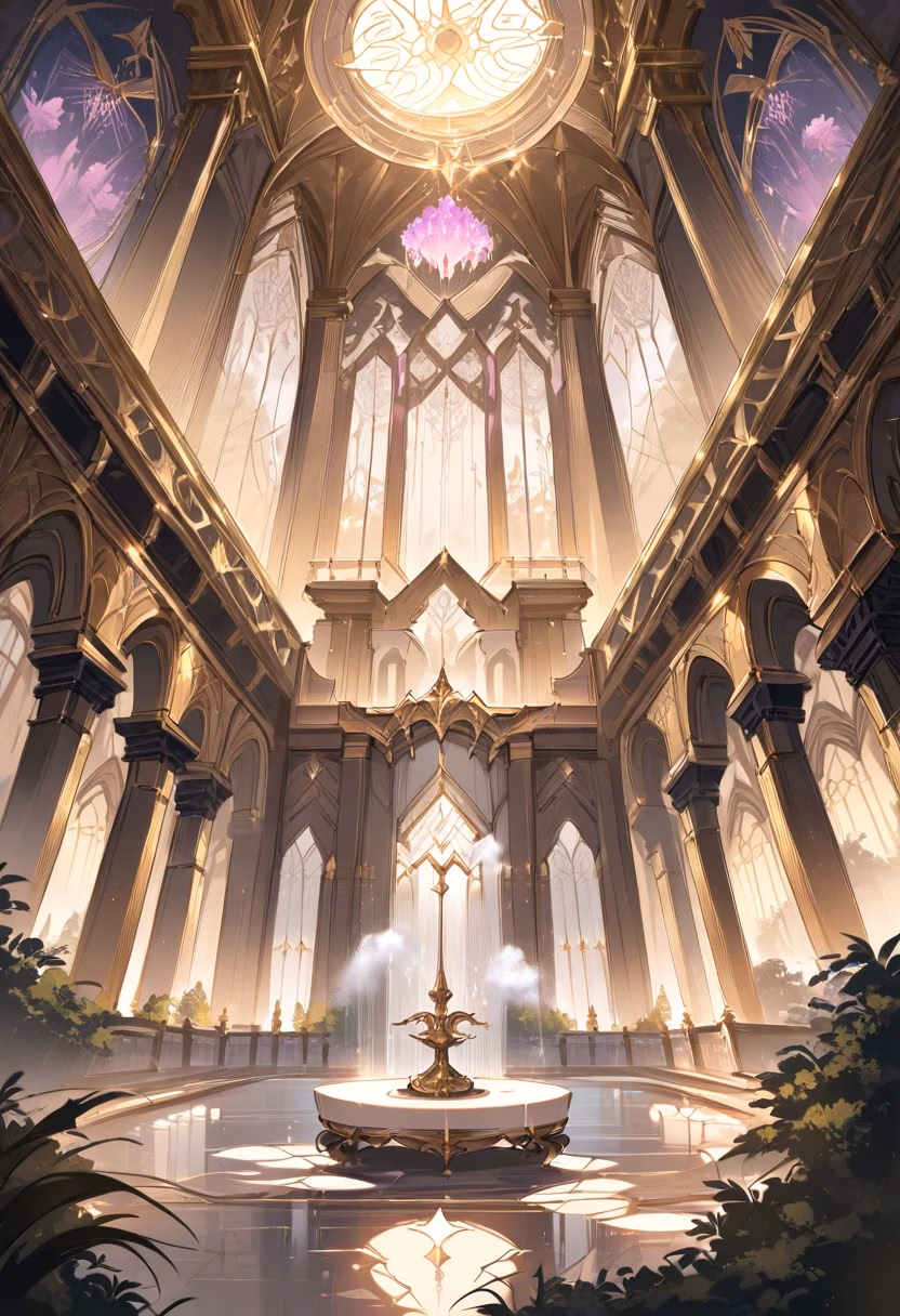 Ornate Palace At Dusk — view 1 — opulent ornate palace, surrounded by manicured formal gardens, faint fountains spraying mist nearby, dusky pink light, l