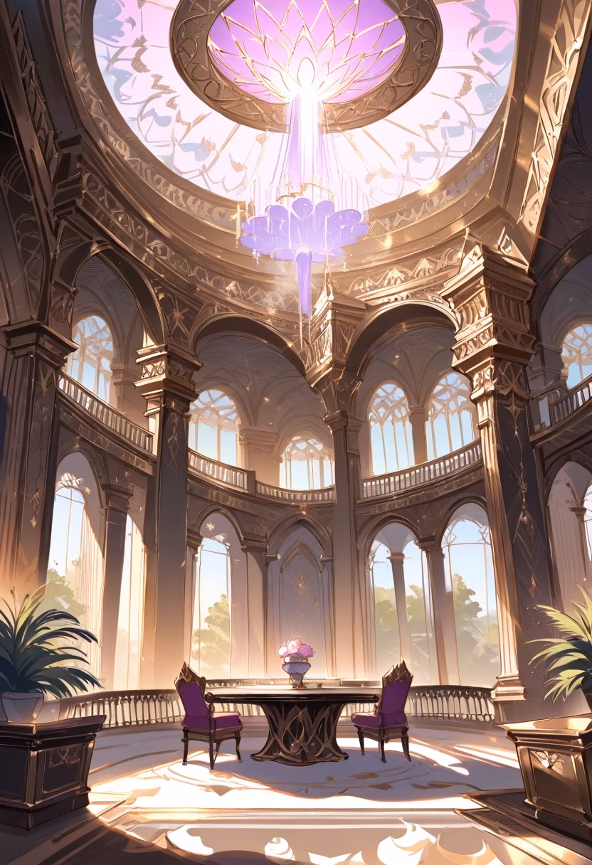 Ornate Palace At Dusk — view 2 — opulent ornate palace, surrounded by manicured formal gardens, faint fountains spraying mist nearby, dusky pink light, l