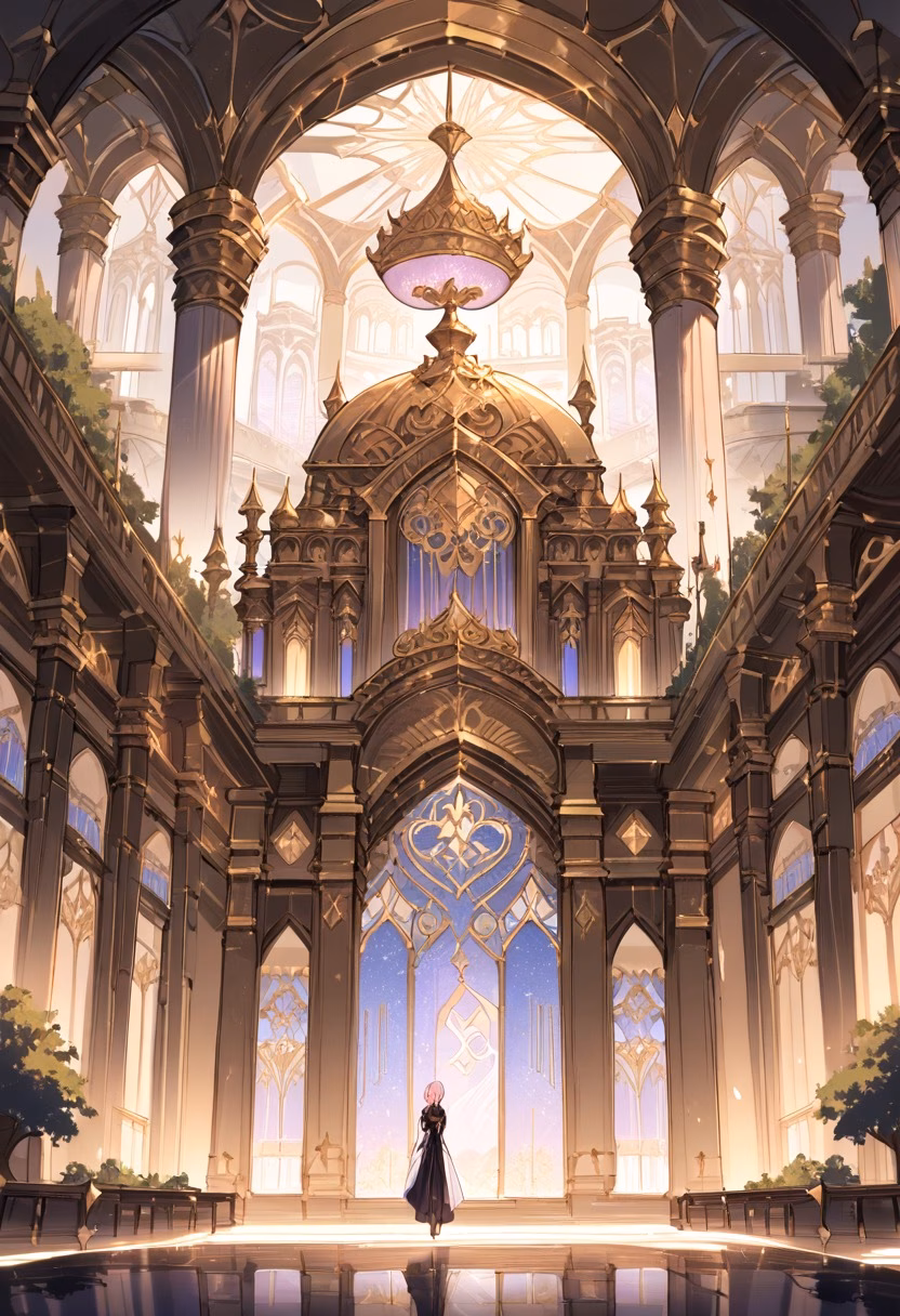 Ornate Palace At Dusk — view 3 — opulent ornate palace, surrounded by manicured formal gardens, faint fountains spraying mist nearby, dusky pink light, l