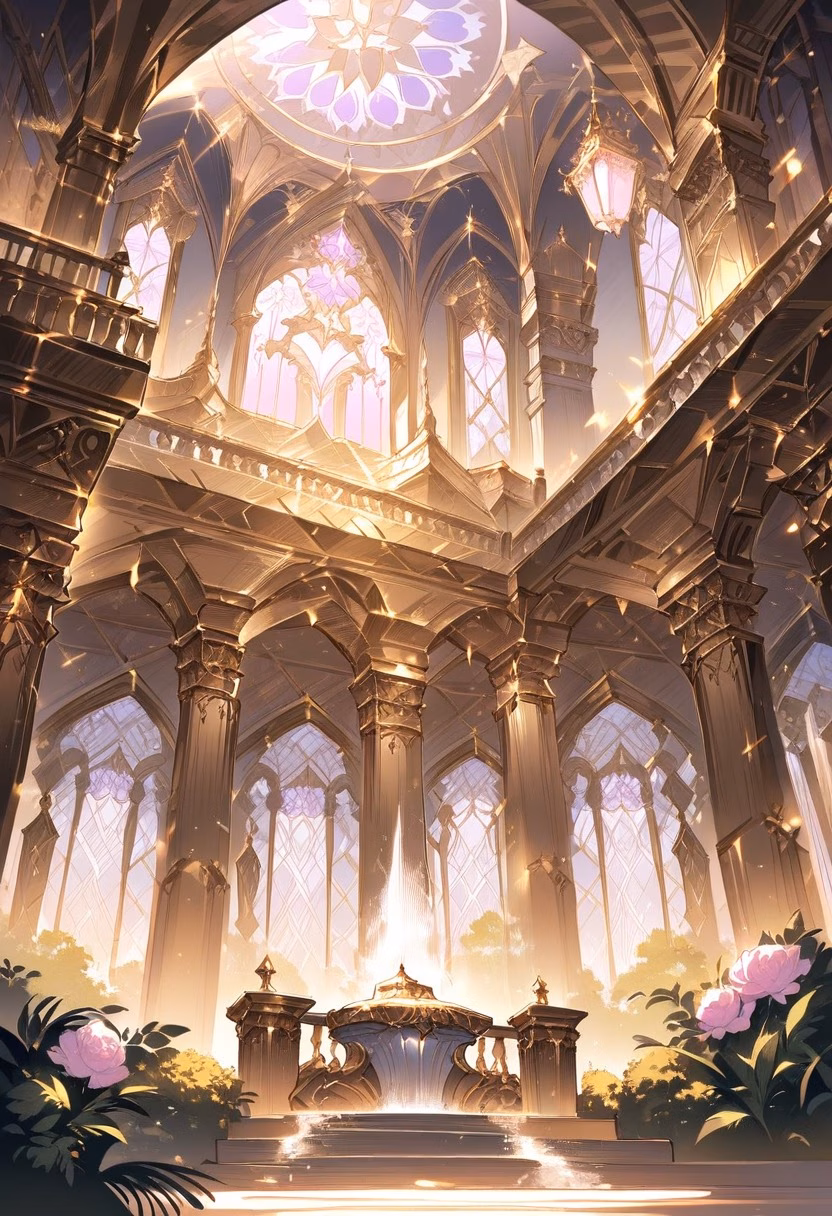 Ornate Palace At Dusk — view 4 — opulent ornate palace, surrounded by manicured formal gardens, faint fountains spraying mist nearby, dusky pink light, l