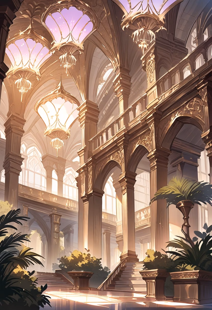 Ornate Palace At Dusk — view 5 — opulent ornate palace, surrounded by manicured formal gardens, faint fountains spraying mist nearby, dusky pink light, l