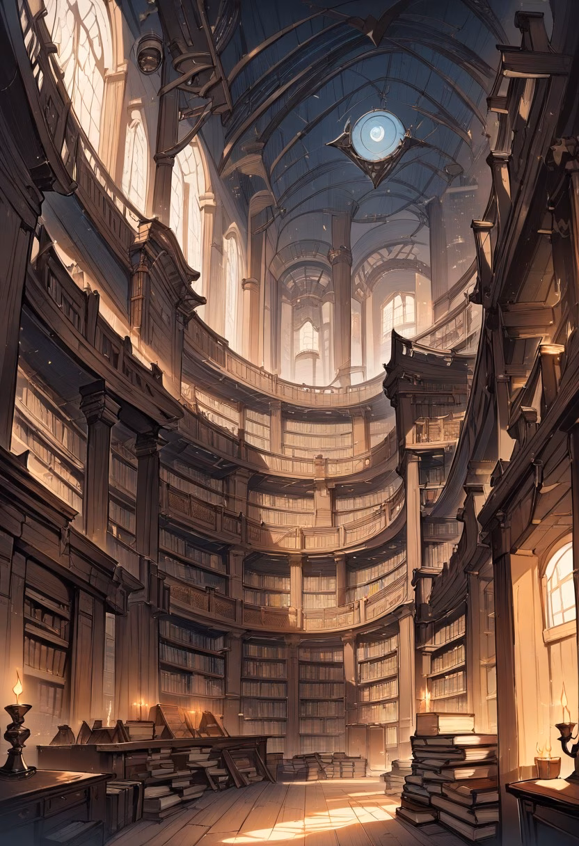 Library Reading Room — view 1 — grand library reading room, filled with towering wooden bookshelves, soft candlelight flickering across old pages, dim n