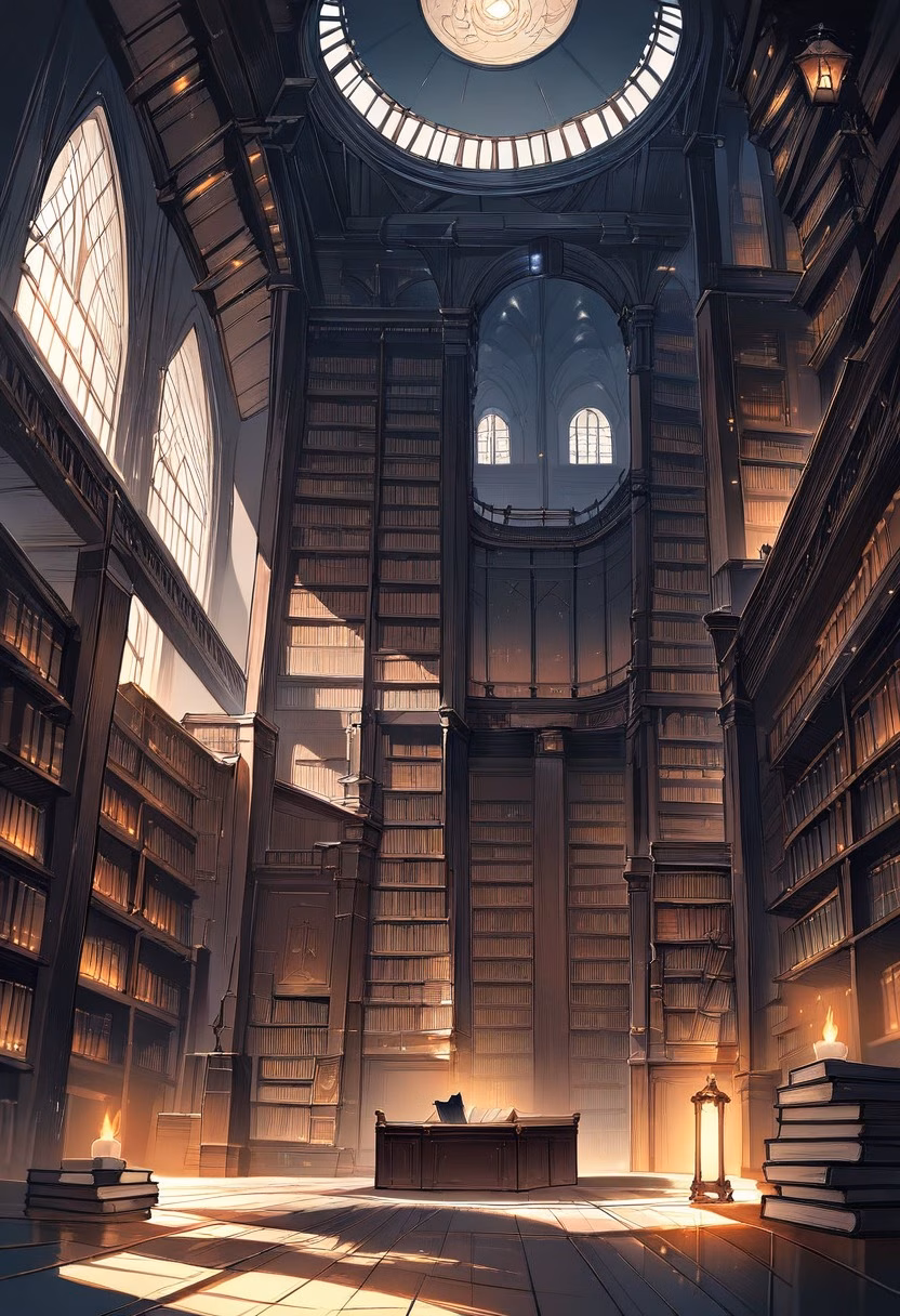 Library Reading Room — view 2 — grand library reading room, filled with towering wooden bookshelves, soft candlelight flickering across old pages, dim n