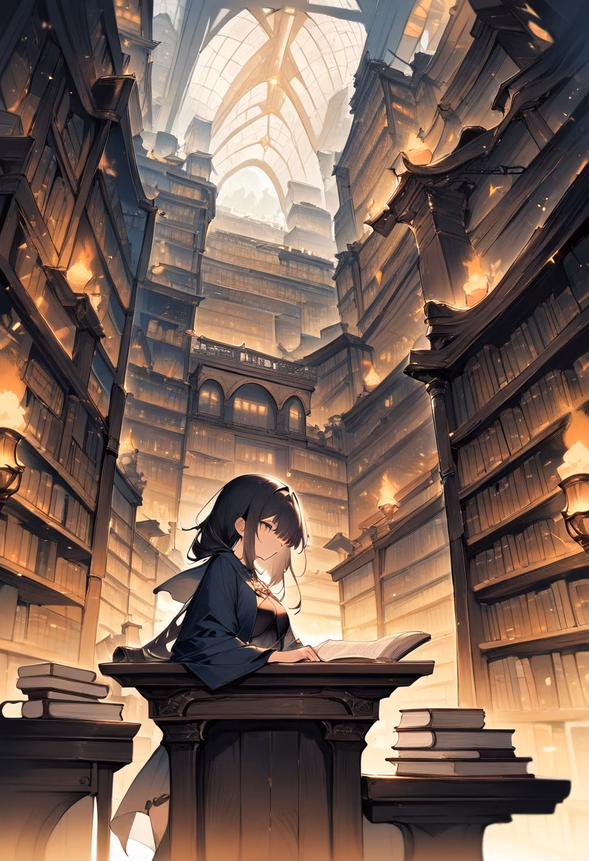 Library Reading Room — view 3 — grand library reading room, filled with towering wooden bookshelves, soft candlelight flickering across old pages, dim n