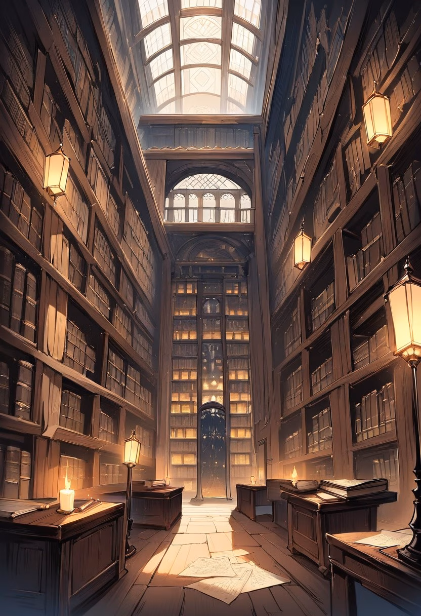 Library Reading Room — view 4 — grand library reading room, filled with towering wooden bookshelves, soft candlelight flickering across old pages, dim n