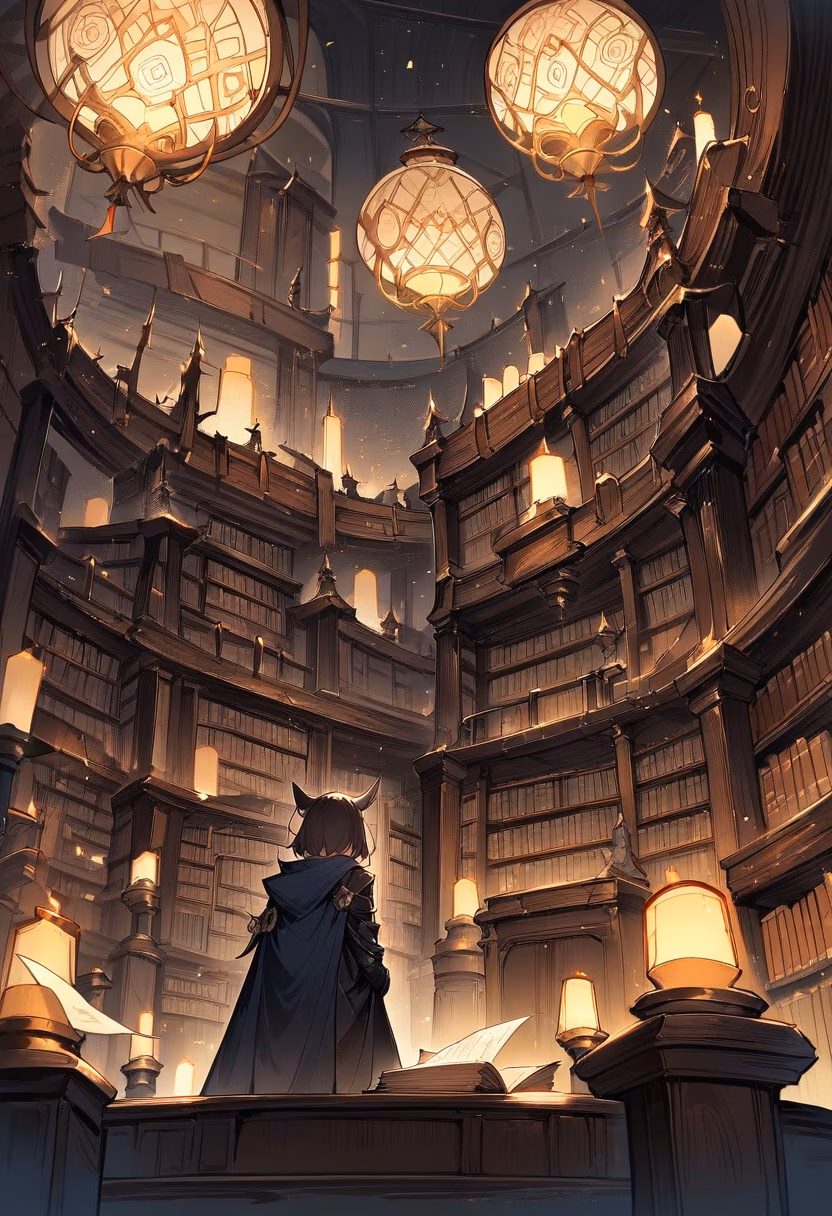Library Reading Room — view 5 — grand library reading room, filled with towering wooden bookshelves, soft candlelight flickering across old pages, dim n