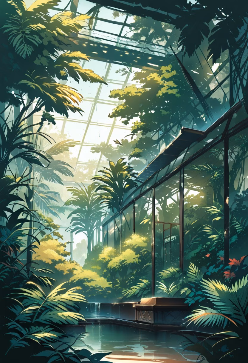 Greenhouse At Dawn — view 1 — sunlit greenhouse conservatory, filled with exotic tropical ferns, condensation dripping from glass panels above, soft d