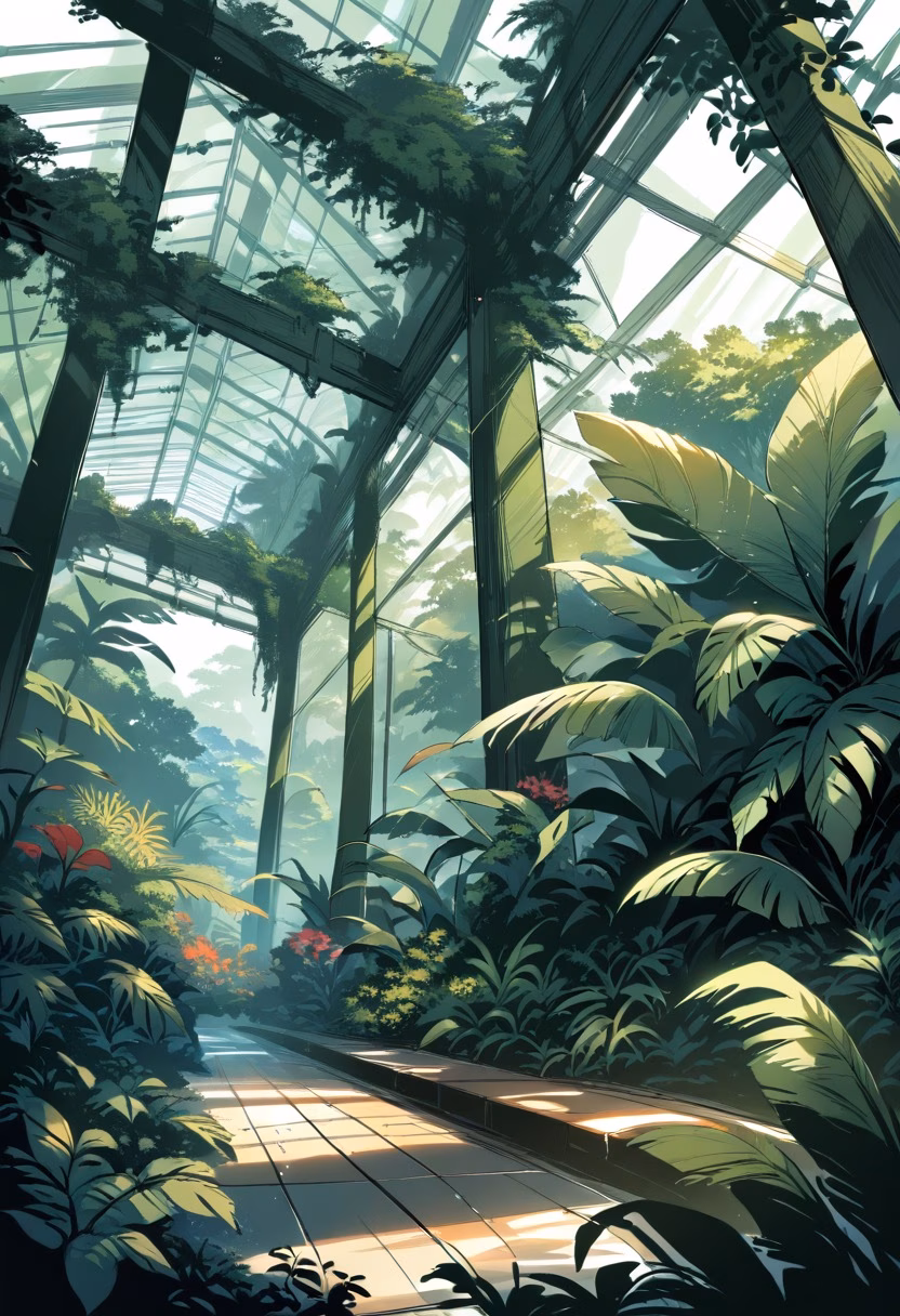 Greenhouse At Dawn — view 2 — sunlit greenhouse conservatory, filled with exotic tropical ferns, condensation dripping from glass panels above, soft d