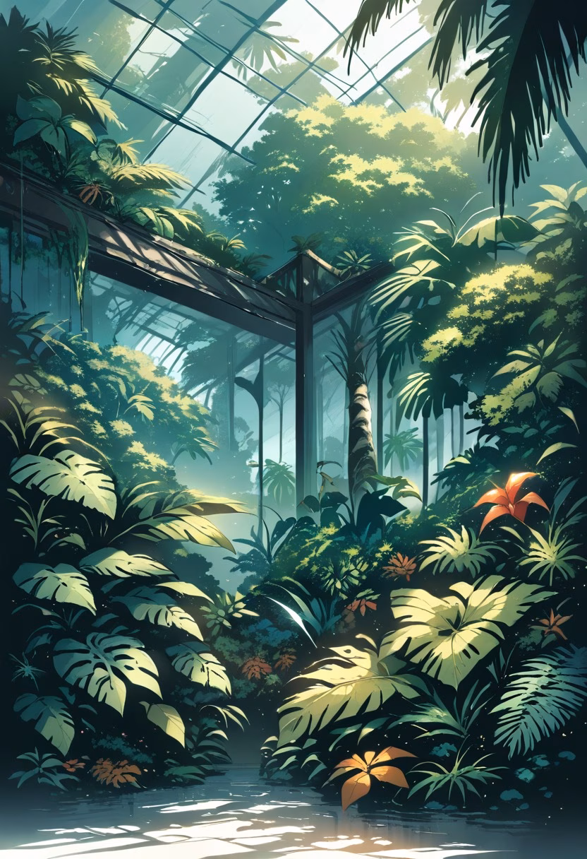 Greenhouse At Dawn — view 3 — sunlit greenhouse conservatory, filled with exotic tropical ferns, condensation dripping from glass panels above, soft d