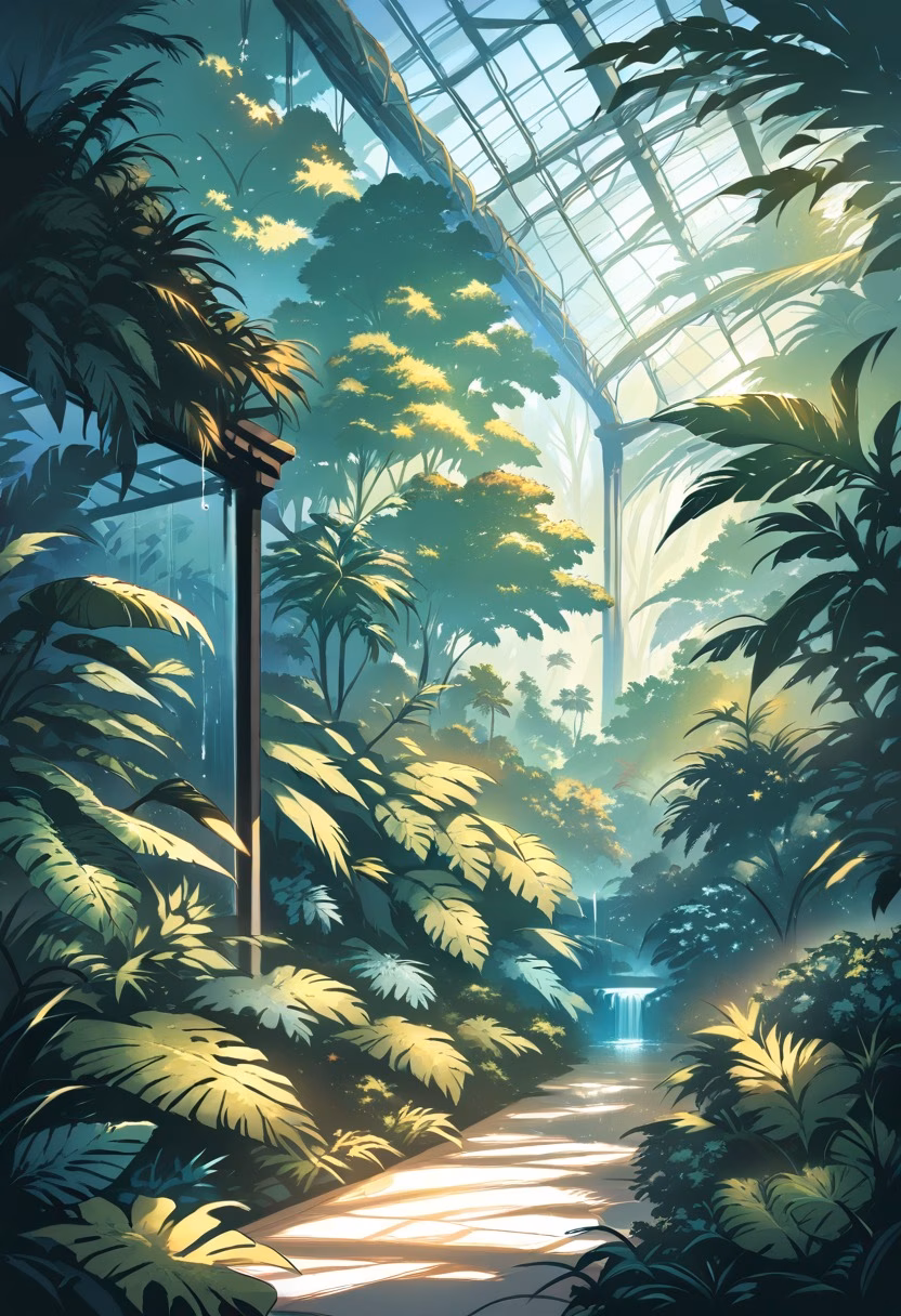 Greenhouse At Dawn — view 4 — sunlit greenhouse conservatory, filled with exotic tropical ferns, condensation dripping from glass panels above, soft d