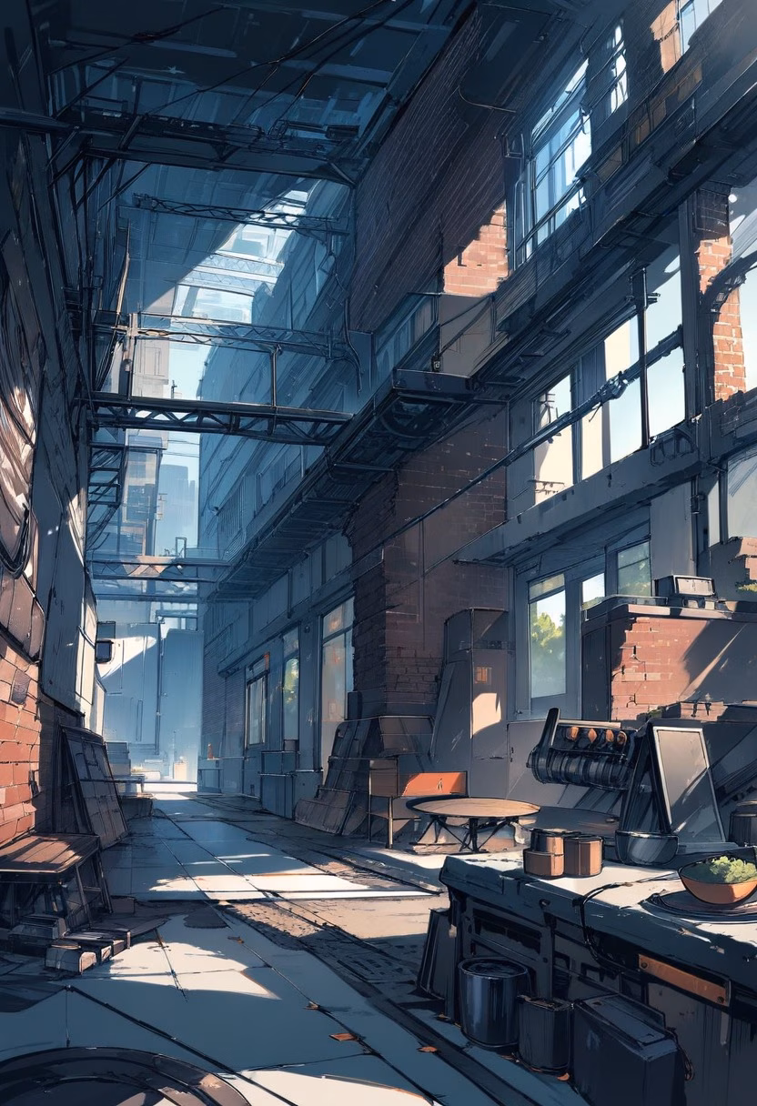 Industrial Loft Interior — view 1 — spacious industrial loft, featuring exposed brick walls and steel beams, tall windows letting in bright sunlight, clear 